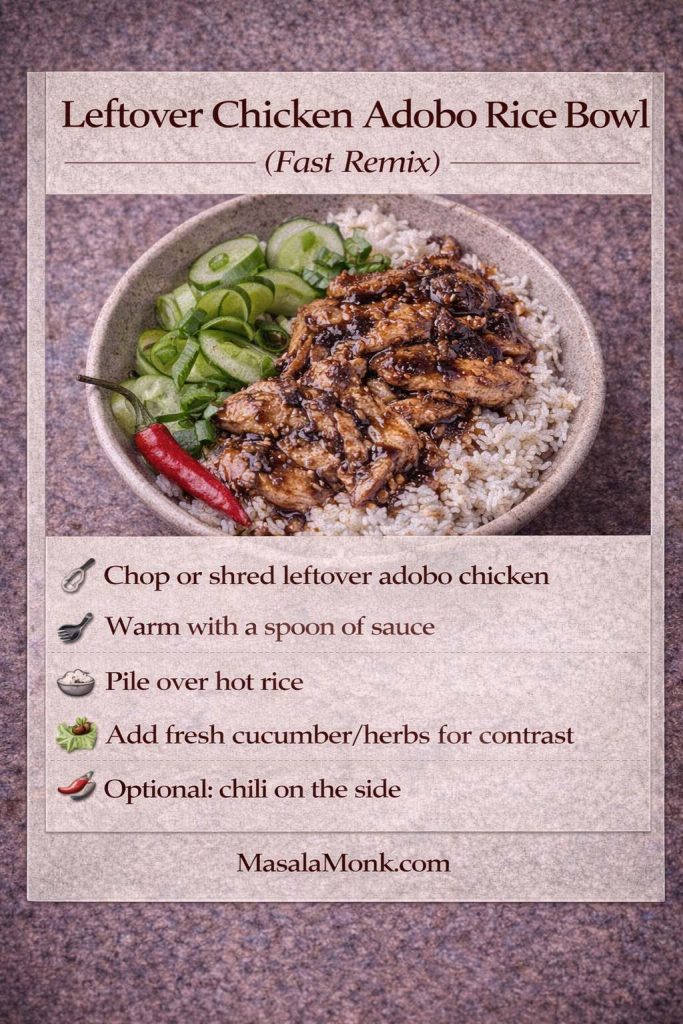 Instructional graphic titled “Leftover Chicken Adobo Rice Bowl (Fast Remix).” A bowl of white rice is topped with chopped or shredded chicken adobo and a glossy adobo sauce, with sliced cucumber and fresh herbs on the side and a red chili pepper. Text steps say: chop or shred leftover adobo chicken, warm with a spoon of sauce, pile over hot rice, add fresh cucumber/herbs for contrast, and optional chili on the side. MasalaMonk.com appears in the footer.