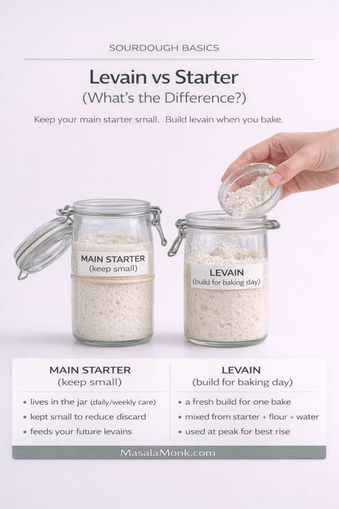 Studio-style infographic titled “Levain vs Starter (What’s the Difference?)” showing two glass jars of sourdough: one labeled “Main Starter (keep small)” and one labeled “Levain (build for baking day).” A hand pours flour into the levain jar. A two-column chart explains: the main starter lives in the jar with daily/weekly care, is kept small to reduce discard, and feeds future levains; levain is a fresh build for one bake, mixed from starter plus flour and water, and used at peak for best rise. MasalaMonk.com is in the footer.