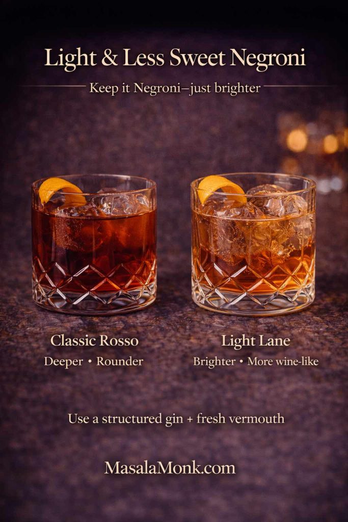 Light & Less Sweet Negroni comparison showing two drinks side by side—Classic Rosso (deeper, rounder) versus Light Lane (brighter, more wine-like)—to help choose vermouth for a Negroni without going fully dry.