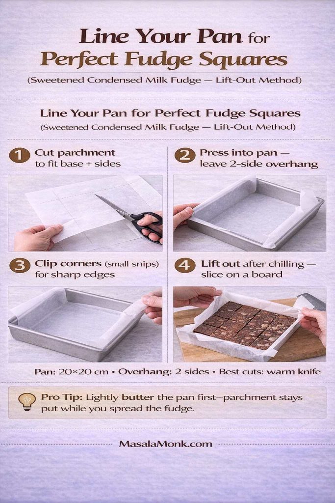 Infographic titled “Line Your Pan for Perfect Fudge Squares (Sweetened Condensed Milk Fudge — Lift-Out Method)”. Shows four steps with photos: 1) cut parchment to fit base and sides, 2) press into the pan and leave a two-side overhang, 3) clip corners with small snips for sharp edges, 4) lift out after chilling and slice on a board. Includes specs: pan 20×20 cm, overhang two sides, best cuts with a warm knife. Pro tip says to lightly butter the pan first so parchment stays in place while spreading the fudge. MasalaMonk.com branding appears in the footer.