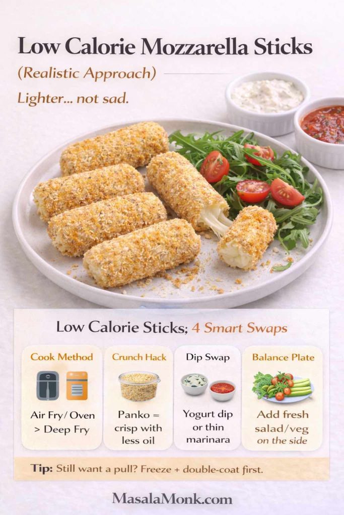 Recipe-card infographic titled “Low Calorie Mozzarella Sticks (Realistic Approach)” showing crispy breaded mozzarella sticks on a plate with a small arugula and cherry tomato salad, plus two dips (yogurt dip and marinara). Text reads “Lighter… not sad.” and “Low Calorie Sticks: 4 Smart Swaps,” listing: cook method air fry/oven over deep fry, panko for crisp with less oil, dip swap to yogurt dip or thin marinara, and balance plate with fresh salad/veg. Tip says “Still want a pull? Freeze + double-coat first.” MasalaMonk.com branding.