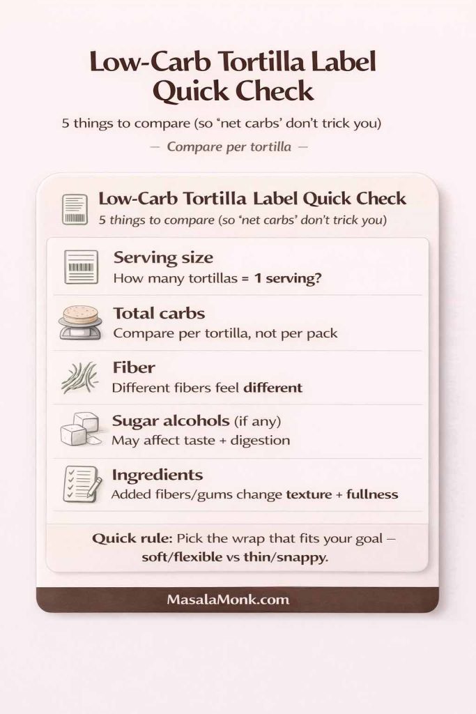 Infographic checklist for choosing low carb flour tortillas: check serving size, total carbs per tortilla, fiber amount and type, sugar alcohols if present, and ingredient list (added fibers/gums) to compare wraps realistically.