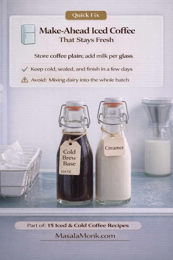 Tip card showing two bottles labeled cold brew base and creamer with fridge styling, advising storing coffee plain and adding milk per glass, with MasalaMonk.com footer.