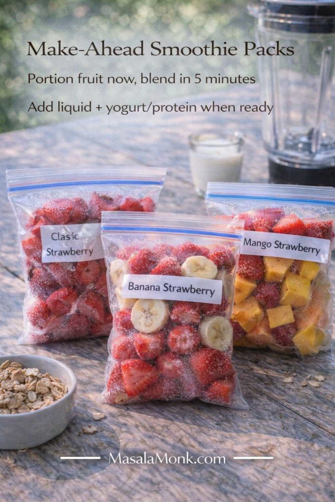 Make-ahead smoothie packs guide card showing three freezer bags labeled classic strawberry, banana strawberry, and mango strawberry with tip to portion fruit ahead and add liquid plus yogurt or protein when blending.