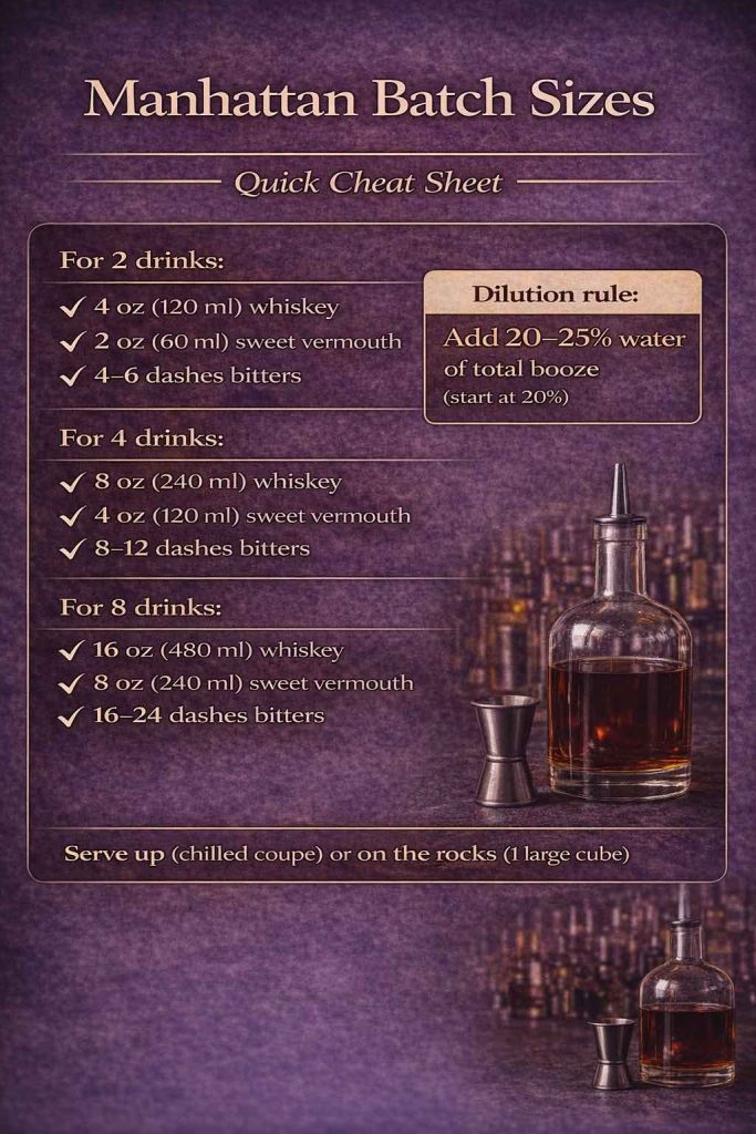 Manhattan batch recipe cheat sheet showing 2-, 4-, and 8-drink proportions in oz and ml with a 20–25% dilution rule and serving tips (up or on the rocks).