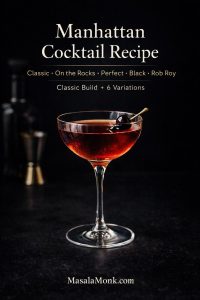 Manhattan cocktail recipe cover with a ruby Manhattan in a coupe glass, cherry garnish, and text listing Classic, On the Rocks, Perfect, Black, and Rob Roy, MasalaMonk.com