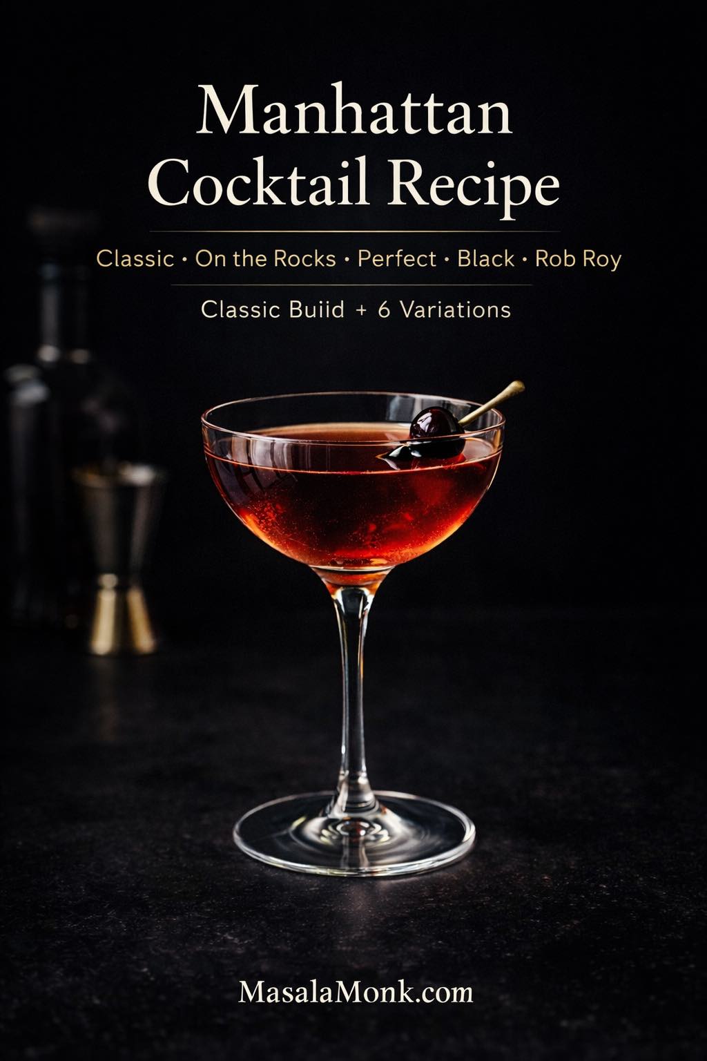 Manhattan cocktail recipe cover with a ruby Manhattan in a coupe glass, cherry garnish, and text listing Classic, On the Rocks, Perfect, Black, and Rob Roy, MasalaMonk.com