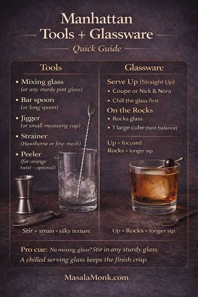 Manhattan cocktail tools and glassware guide showing mixing glass, bar spoon, jigger, strainer, and coupe vs rocks glass with a large cube.