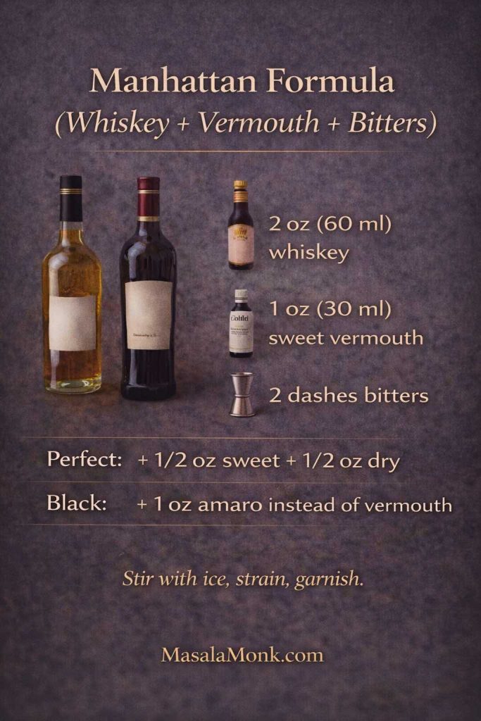Manhattan formula guide card showing whiskey, sweet vermouth, and bitters with oz and ml measurements plus Perfect and Black Manhattan variation swaps, MasalaMonk.com
