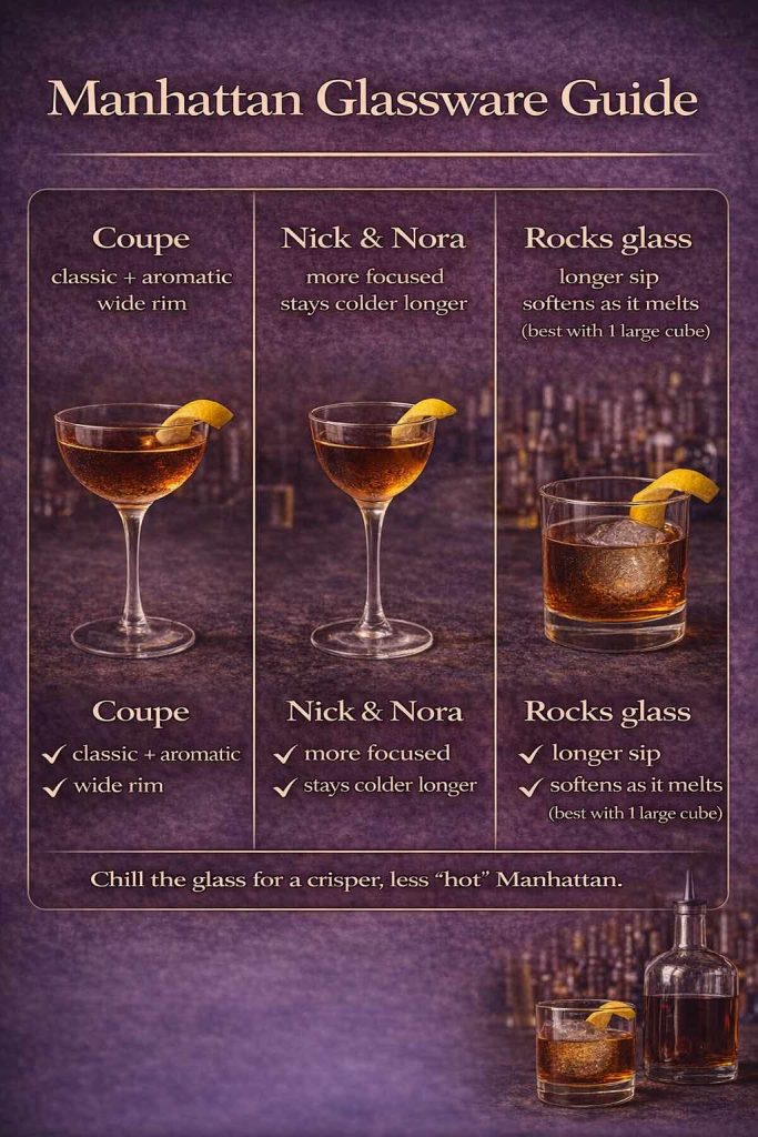Manhattan glassware guide comparing a coupe, Nick & Nora, and rocks glass for serving a Manhattan cocktail, with notes on aroma, staying colder longer, and using one large cube for on-the-rocks.