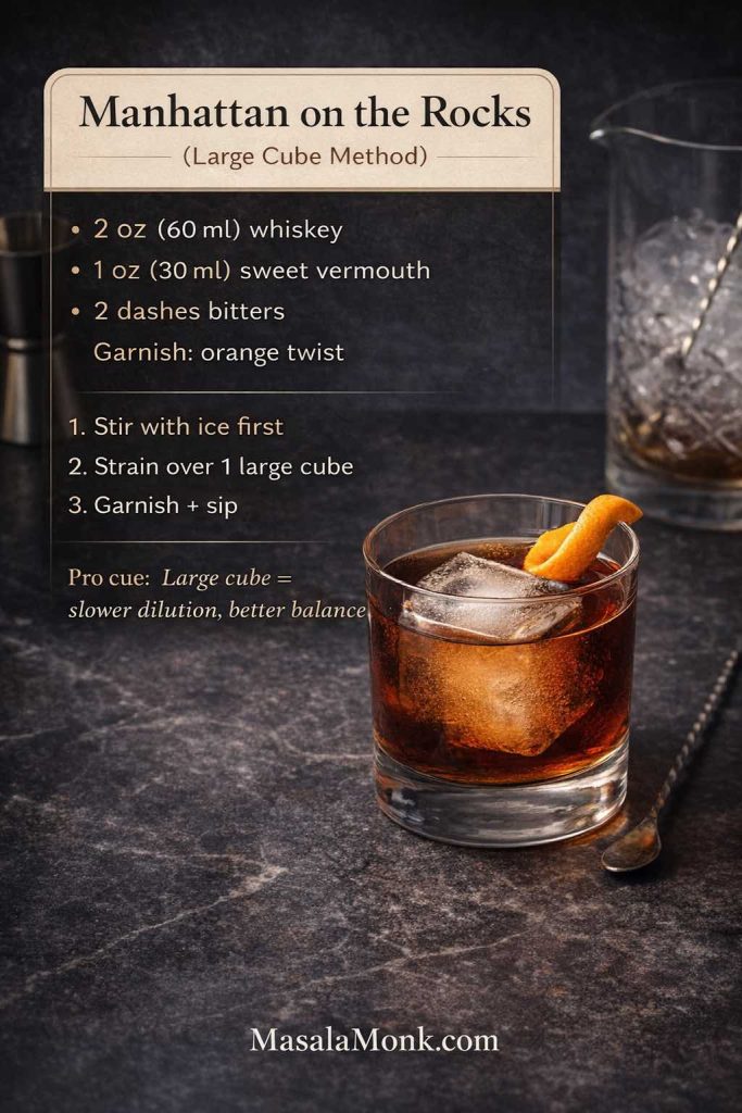 Manhattan on the rocks cocktail recipe card with oz and ml measurements, large ice cube method, sweet vermouth, bitters, and orange twist garnish, MasalaMonk.com