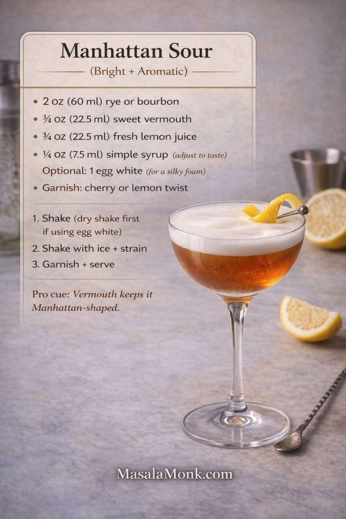 Manhattan Sour cocktail recipe card with oz and ml measurements, rye or bourbon, sweet vermouth, lemon juice, simple syrup, optional egg white, and lemon twist garnish, MasalaMonk.com