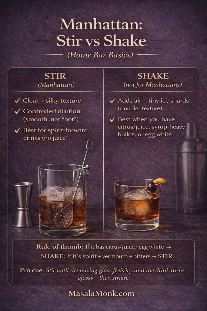 Manhattan stir vs shake guide showing why a Manhattan cocktail is stirred for a clear, silky texture and when to shake drinks with citrus, juice, or egg white.