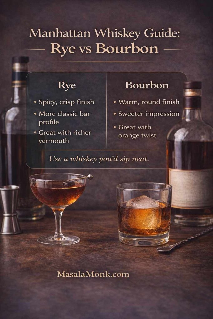 Manhattan whiskey guide comparing rye vs bourbon for a Manhattan cocktail, highlighting flavor differences and suggesting which works best, MasalaMonk.com