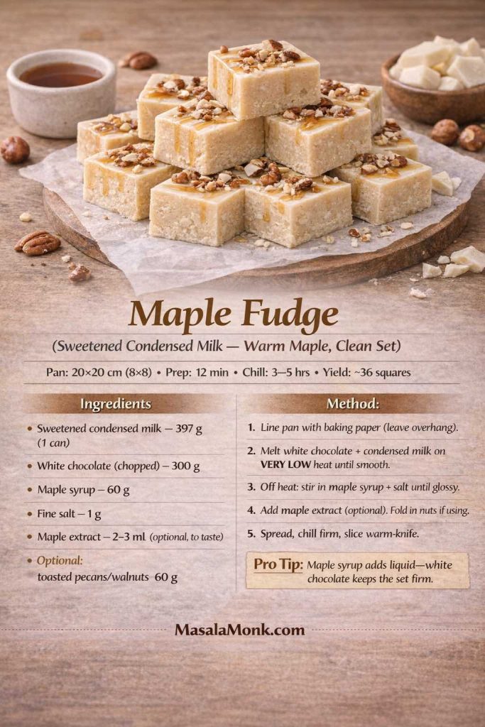 Recipe card image for maple fudge made with sweetened condensed milk. Shows creamy maple fudge squares topped with chopped pecans and a maple syrup drizzle on a warm wooden background, plus a small cup of maple syrup and white chocolate pieces. Text overlay includes pan size (20×20 cm), prep time (12 min), chill time (3–5 hrs), yield (~36 squares), ingredients in grams (condensed milk, white chocolate, maple syrup, salt, optional maple extract and nuts), a 5-step method, a pro tip noting maple syrup adds liquid so white chocolate keeps the set firm, and MasalaMonk.com branding in the footer.
