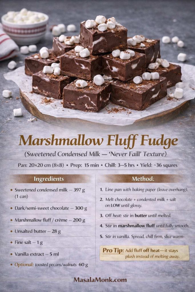 Recipe card image for marshmallow fluff fudge made with sweetened condensed milk. Shows chocolate fudge squares with visible marshmallow swirls, topped with mini marshmallows and cocoa dust on a grey background. The card lists pan size (20×20 cm), prep time (15 min), chill time (3–5 hrs), yield (~36 squares), ingredients in grams (condensed milk, dark/semi-sweet chocolate, marshmallow fluff/crème, butter, salt, vanilla), a 5-step method, a pro tip to add fluff off heat for a plush texture, and MasalaMonk.com branding in the footer.