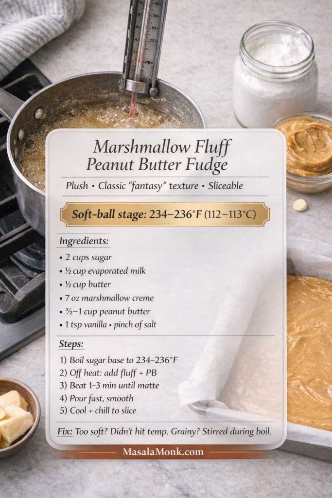 Photorealistic recipe card for marshmallow fluff peanut butter fudge (fantasy-style). Shows a bubbling sugar base in a saucepan with a candy thermometer and lists the soft-ball stage temperature (234–236°F / 112–113°C). Includes ingredients (sugar, evaporated milk, butter, marshmallow creme, peanut butter, vanilla, salt) and steps to boil to temp, add fluff and peanut butter off heat, beat until matte, pour, cool, and chill. MasalaMonk.com branding.