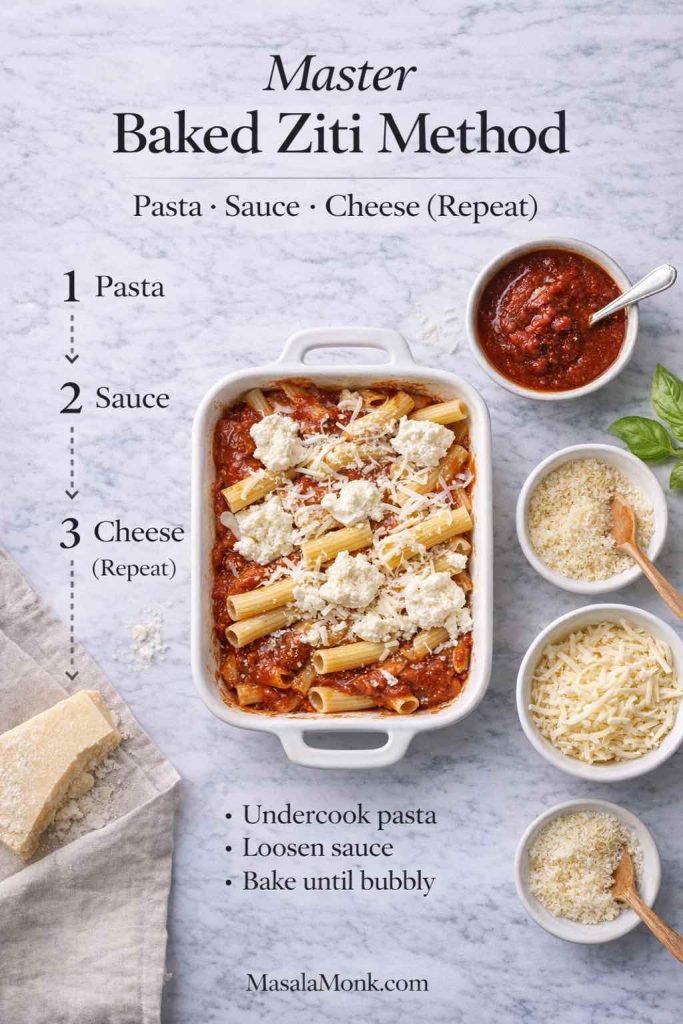Master baked ziti method infographic showing the layering order—pasta, sauce, and cheese (repeat)—with tips to undercook pasta, loosen sauce, and bake until bubbly.