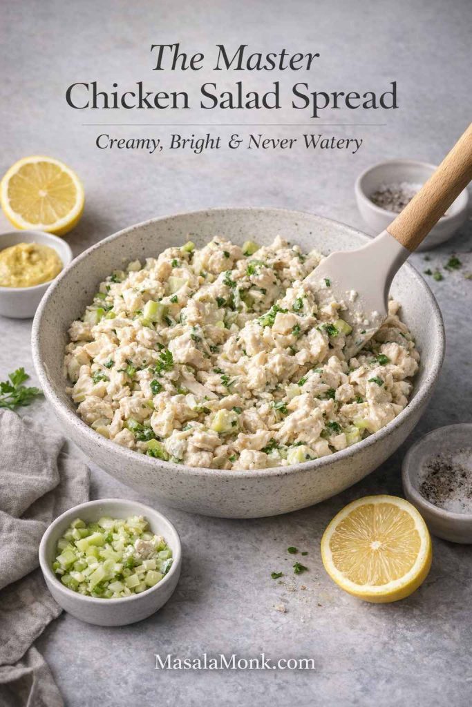 Bowl of creamy chicken salad spread being mixed with a spatula, with lemon, mustard, herbs and diced celery on the side for a chicken salad sandwich recipe.