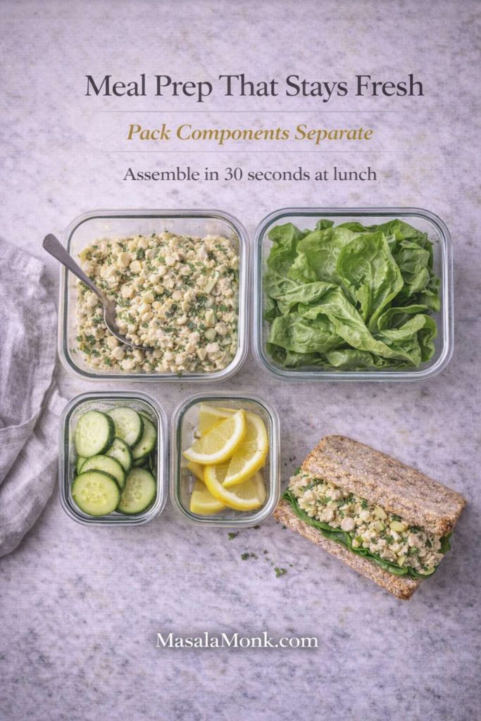 Meal prep guide for chicken salad sandwich showing glass containers with chicken salad spread, lettuce, cucumber and lemon, plus a finished sandwich, with text overlay “Pack Components Separate” and MasalaMonk.com footer.