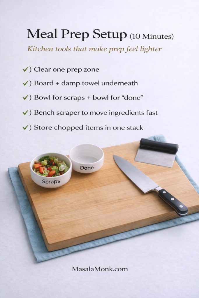 Infographic titled “Meal Prep Setup (10 Minutes)” showing a cutting board on a damp towel with a chef’s knife, bench scraper, and two labeled bowls (“Scraps” and “Done”), plus a checklist of five steps for faster prep, with MasalaMonk.com in the footer.