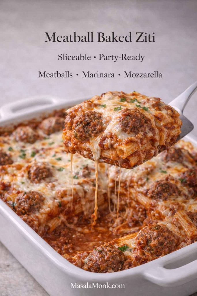 Meatball baked ziti in a casserole dish with a slice lifted on a spatula, showing meatballs, marinara sauce, ziti pasta, and melted mozzarella.