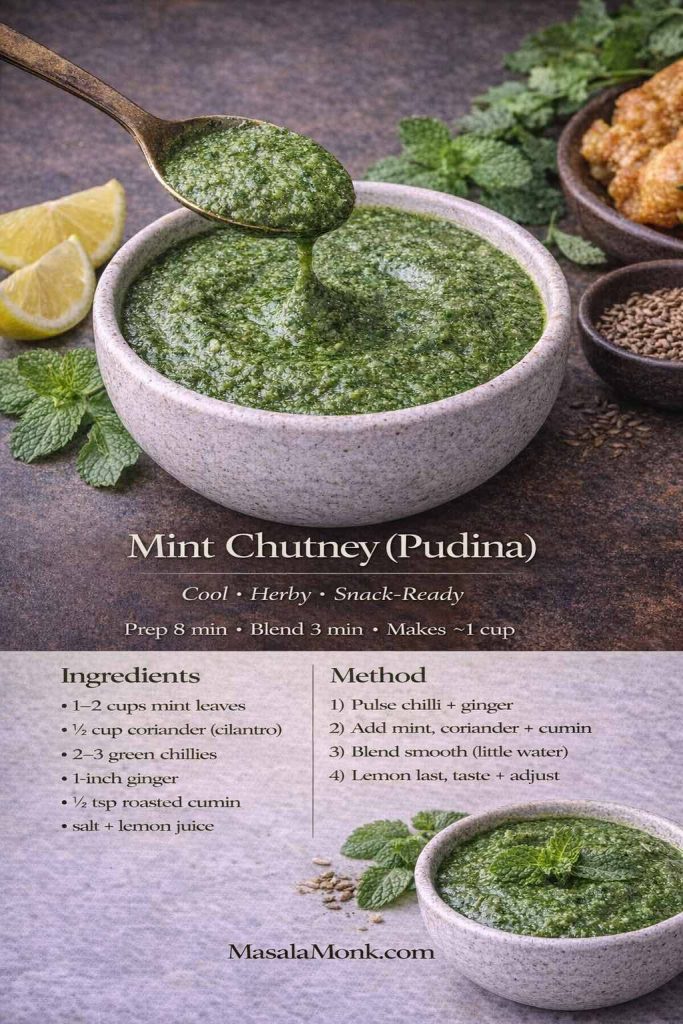 Save this mint chutney (pudina chutney) recipe card for a cooler, herb-forward green chutney—especially good alongside pakoras, kebabs, and spicy snacks when you want a fresh, clean finish.