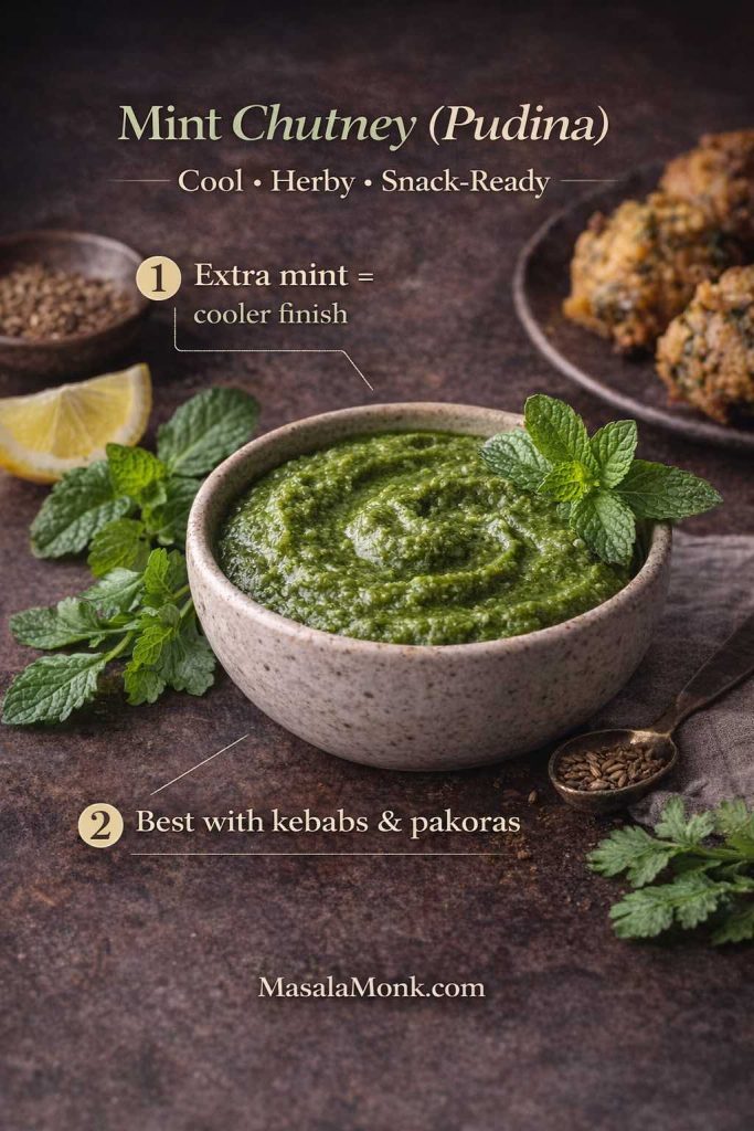 Mint chutney (pudina chutney) in a bowl with fresh mint and lemon, a cooling green chutney best served with kebabs and pakoras.
