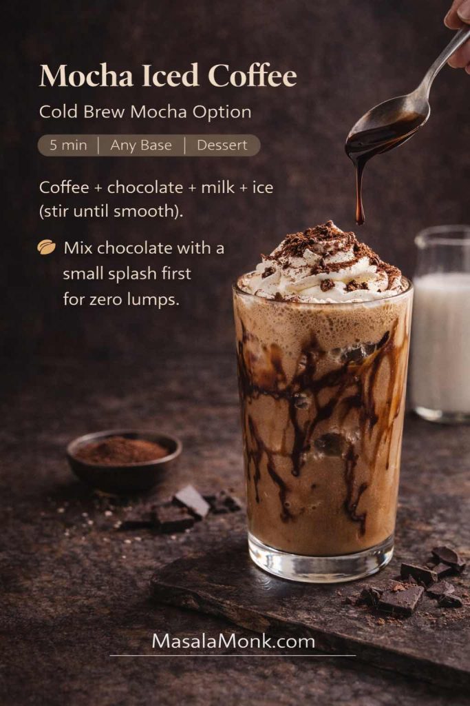 Recipe card for mocha iced coffee with a cold brew mocha option, showing an iced mocha topped with whipped cream and cocoa, with chocolate drizzle in the glass.