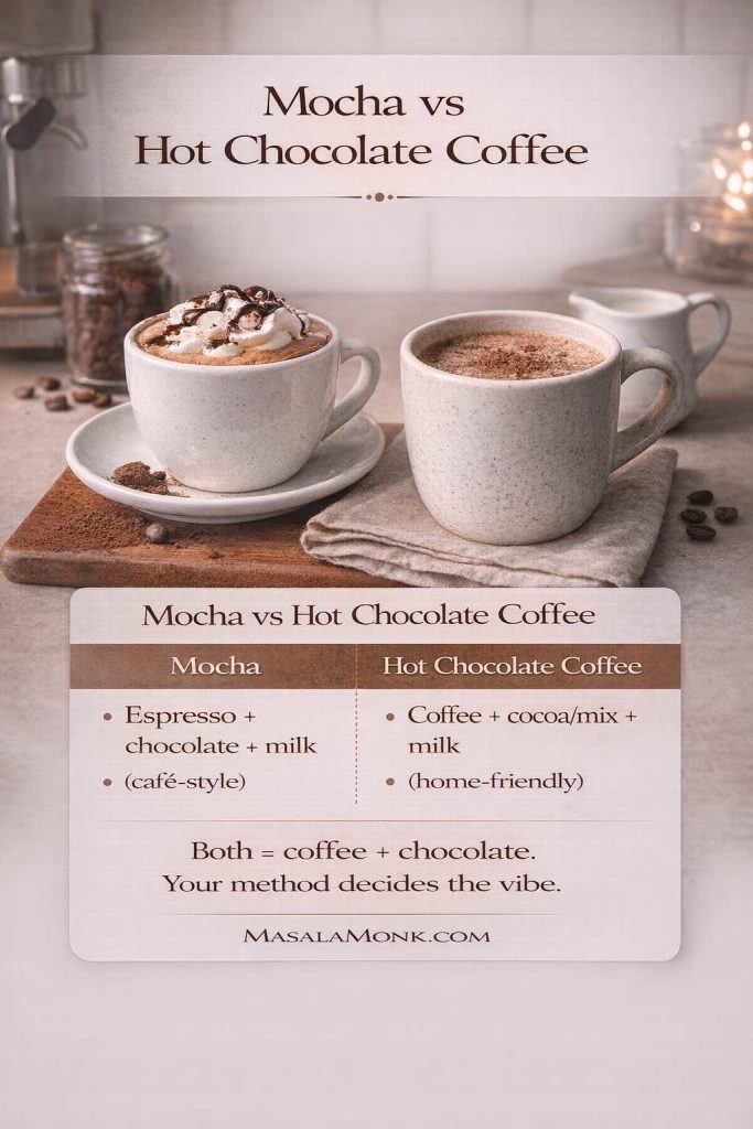 Mocha vs hot chocolate coffee comparison infographic showing two drinks side by side and explaining mocha as espresso with chocolate and milk versus hot chocolate coffee as coffee with cocoa or mix and milk.