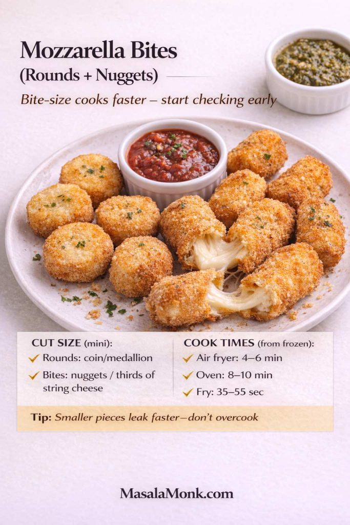 Recipe-card image titled “Mozzarella Bites (Rounds + Nuggets)” showing golden breaded mozzarella rounds and nugget bites on a plate with marinara and pesto dips, including one piece broken open with a cheese pull. Text explains cut size (rounds as coin/medallion, bites as nuggets or thirds of string cheese) and cook times from frozen: air fryer 4–6 minutes, oven 8–10 minutes, fry 35–55 seconds. Tip says smaller pieces leak faster, so don’t overcook. MasalaMonk.com branding.