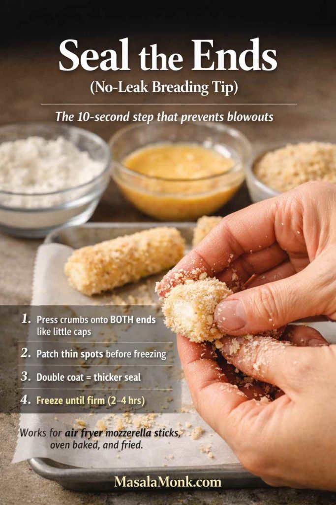 Instructional recipe-card image titled “Seal the Ends (No-Leak Breading Tip)” showing hands pressing breadcrumbs onto the end of a breaded mozzarella stick over a tray. Three bowls in the background show flour, egg wash, and breadcrumbs. On-image tips say to press crumbs onto both ends like little caps, patch thin spots before freezing, double coat for a thicker seal, and freeze until firm (2–4 hours). Note says it works for air fryer mozzarella sticks, oven baked, and fried. MasalaMonk.com branding.