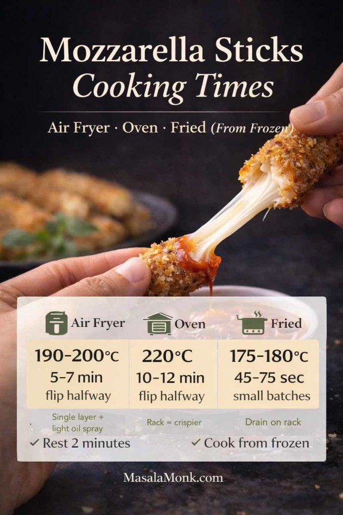 Infographic showing mozzarella sticks cooking times from frozen: air fryer 190–200°C for 5–7 minutes (flip halfway), oven 220°C for 10–12 minutes (flip halfway), and deep fried at 175–180°C for 45–75 seconds in small batches. Background photo shows a crispy mozzarella stick being pulled with gooey cheese stretch and marinara dip.