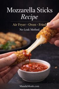 Close-up of a crispy mozzarella stick being pulled apart over a bowl of marinara, showing a stretchy, gooey cheese pull. Text overlay reads “Mozzarella Sticks Recipe,” “Air Fryer • Oven • Fried,” and “No-Leak Method,” with MasalaMonk.com at the bottom.