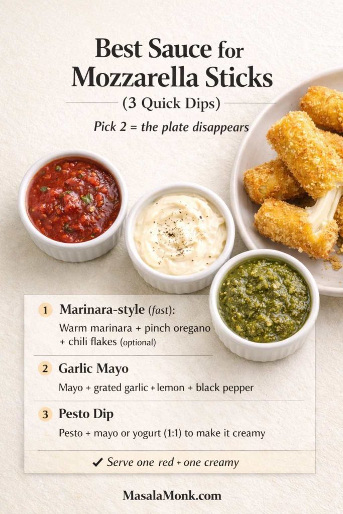 Recipe-card image titled “Best Sauce for Mozzarella Sticks (3 Quick Dips)” showing breaded mozzarella sticks with a cheese pull and three ramekins of dipping sauce: marinara-style sauce, garlic mayo, and pesto dip. On-image text lists quick dip formulas: warm marinara with oregano and optional chili flakes; mayo with grated garlic, lemon, and black pepper; pesto mixed 1:1 with mayo or yogurt to make it creamy. Tip says “Serve one red + one creamy.” MasalaMonk.com branding.