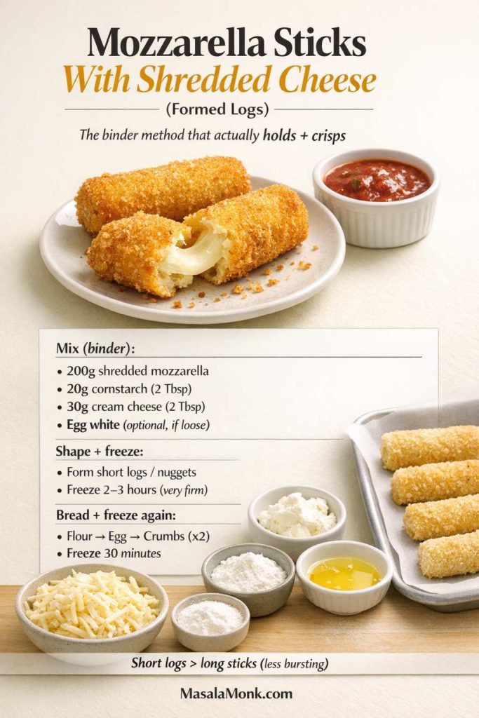 Recipe-card image titled “Mozzarella Sticks With Shredded Cheese (Formed Logs)” showing breaded mozzarella logs with a cheese pull and marinara dip. Text explains the binder method: 200g shredded low-moisture mozzarella, 20g cornstarch, 30g cream cheese, optional egg white; shape short logs, freeze 2–3 hours, double-coat (flour/egg/crumbs), freeze again 30 minutes; tip says short logs burst less. MasalaMonk.com branding.