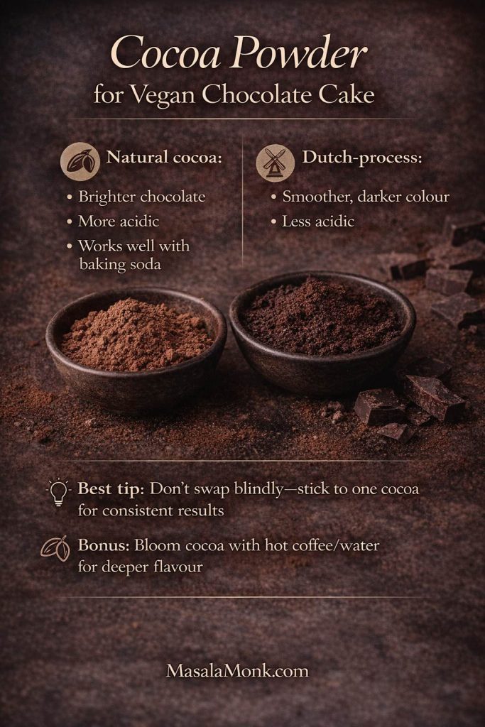Natural cocoa vs Dutch-process cocoa infographic for vegan chocolate cake, explaining flavour and acidity differences plus tips for consistent results and blooming cocoa with hot coffee or water.
