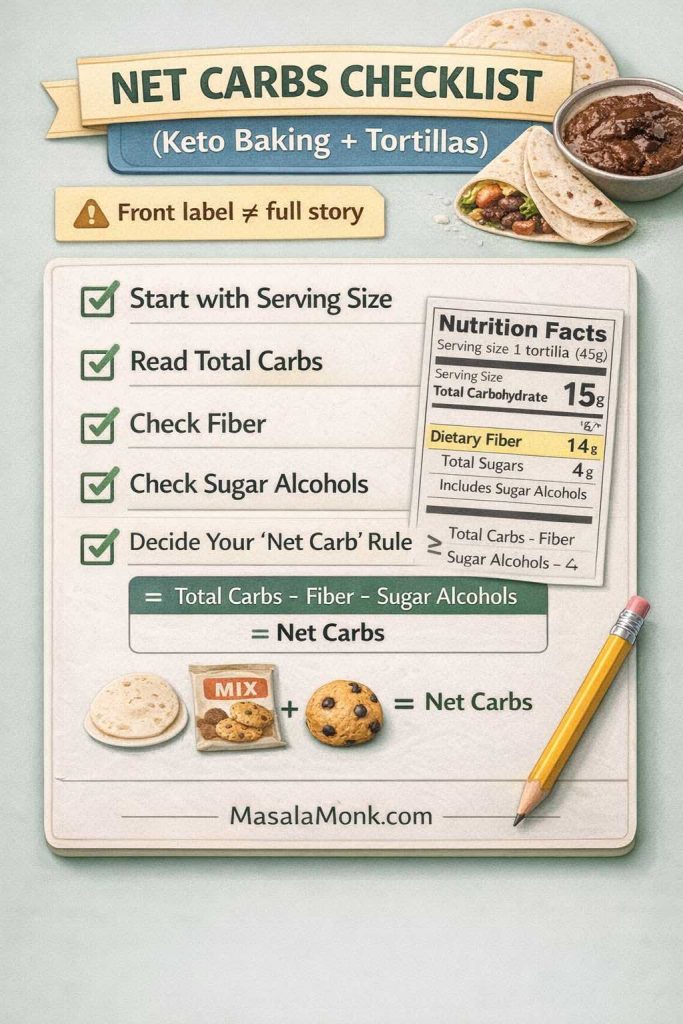 A “Net Carbs Checklist (Keto Baking + Tortillas)” infographic showing a checklist: start with serving size, read total carbs, check fiber, check sugar alcohols, and choose your net-carb rule. A nutrition label example and a simple formula are shown: total carbs minus fiber minus sugar alcohols equals net carbs. MasalaMonk.com is printed at the bottom.