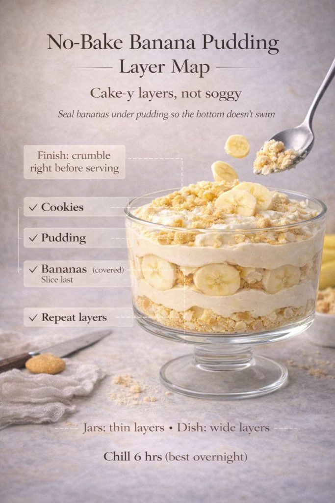 No-bake banana pudding in a clear glass trifle bowl with visible layers of cookies, creamy vanilla pudding, and banana slices. Text overlay reads “No-Bake Banana Pudding Layer Map” and “Cake-y layers, not soggy,” with callouts showing the order: cookies, pudding, bananas (covered—slice last), repeat layers, and finish with cookie crumble right before serving. Bottom note says “Chill 6 hrs (best overnight)” and “MasalaMonk.com.”