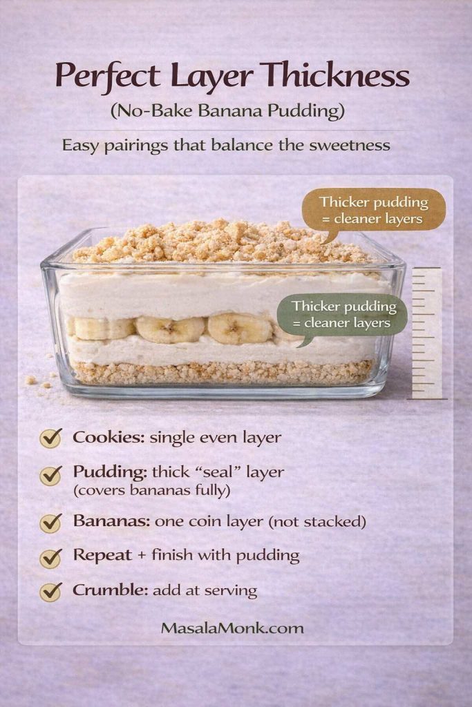 Instructional graphic titled “Perfect Layer Thickness (No-Bake Banana Pudding)” showing a glass dish with visible cookie, pudding, and banana layers plus a ruler-style guide. Text explains: cookies should be a single even layer; pudding should be a thick “seal” layer that fully covers bananas; bananas should be one coin layer, not stacked; repeat layers and finish with pudding; add crumble at serving. Notes say thicker pudding gives cleaner layers. Footer: MasalaMonk.com.