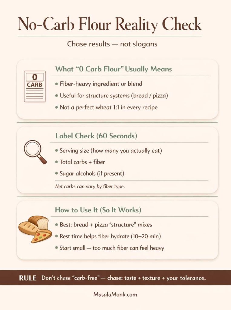 Infographic titled “No-Carb Flour Reality Check” explaining what “0 carb flour” usually means (fiber-heavy ingredient or blend), a 60-second label check (serving size, total carbs + fiber, sugar alcohols), and how to use it (best for bread/pizza structure mixes, rest 10–20 minutes, start small). Includes rule: chase taste, texture, and your tolerance.