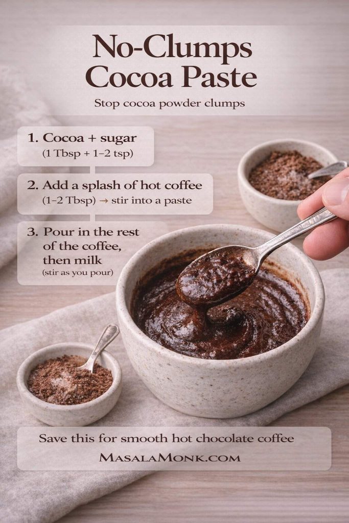 No-clumps cocoa paste method for hot chocolate coffee, showing cocoa and sugar mixed with a splash of hot coffee to make a smooth paste before adding the rest of the coffee and milk.
