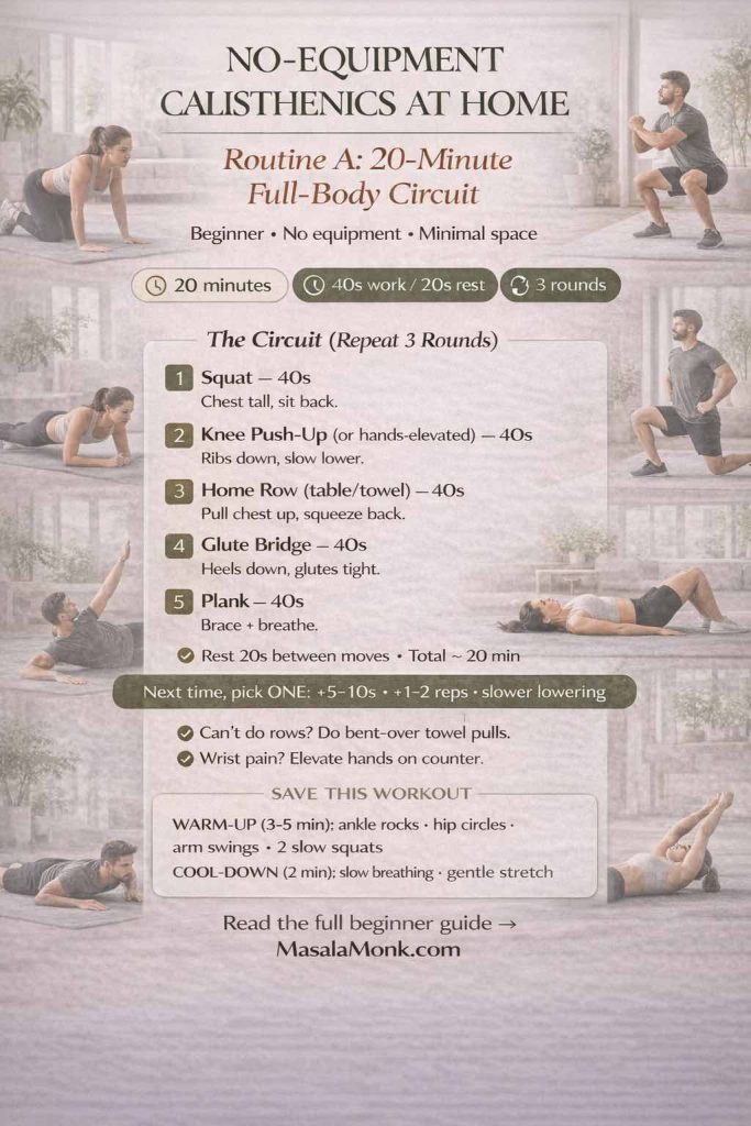 Portrait infographic of “Routine A: 20-Minute Full-Body Circuit” for no-equipment calisthenics at home. Includes 3 rounds of 40s work/20s rest: squat, knee push-up (or hands-elevated), home row (table/towel), glute bridge, plank; plus rest guidance, weekly progression options, warm-up and cool-down, and MasalaMonk.com footer.