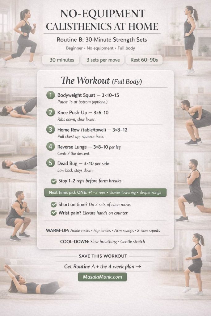 Portrait infographic for “Routine B: 30-Minute Strength Sets” in a no-equipment calisthenics at home plan. Shows 3 sets per move with 60–90s rest: bodyweight squat 3×10–15, knee push-up 3×6–10, home row (table/towel) 3×8–12, reverse lunge 3×8–10 per leg, dead bug 3×10 per side; includes stop 1–2 reps before form breaks, progression options, warm-up/cool-down, and MasalaMonk.com footer.