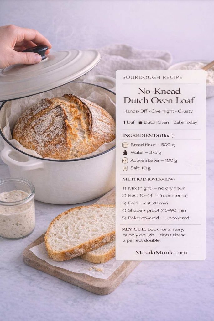 Photographic recipe card for “No-Knead Dutch Oven Loaf” (sourdough recipe). A golden sourdough loaf sits in a white Dutch oven as a hand lifts the lid; steam rises. A clean text overlay lists ingredients (bread flour, water, active starter, salt) and a simple method overview (mix at night, rest, fold, shape + proof, bake covered then uncovered). MasalaMonk.com appears in the footer.