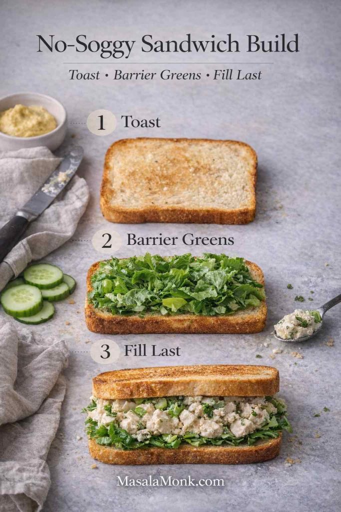 Step-by-step guide showing how to build a chicken salad sandwich that doesn’t get soggy: toast bread, add leafy greens as a barrier, then add chicken salad filling.