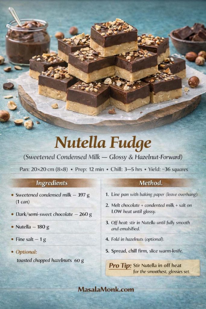 Recipe card image for Nutella fudge made with sweetened condensed milk, shown on a teal textured background. The card features stacked glossy Nutella-chocolate fudge squares topped with toasted chopped hazelnuts, plus a jar of Nutella and chocolate pieces in the scene. Text overlay includes pan size (20×20 cm), prep time (12 min), chill time (3–5 hrs), yield (~36 squares), ingredients in grams (condensed milk, dark/semi-sweet chocolate, Nutella, salt, optional hazelnuts), a 5-step low-heat method, a pro tip to stir Nutella in off heat for the smoothest set, and MasalaMonk.com branding in the footer.