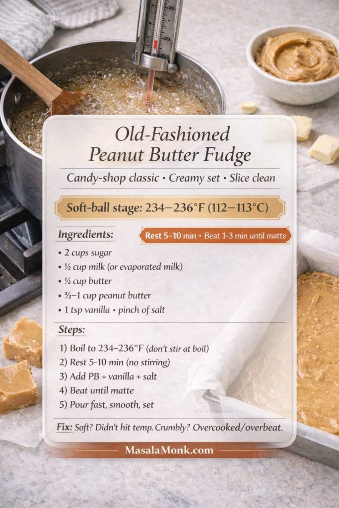 Photorealistic recipe card for old-fashioned peanut butter fudge. Includes soft-ball stage temperature (234–236°F / 112–113°C), timing cues to rest 5–10 minutes and beat 1–3 minutes until matte, plus ingredients and step-by-step instructions for a creamy candy-shop style set. MasalaMonk.com branding.