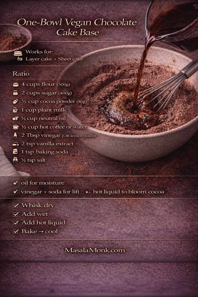 One-bowl vegan chocolate cake base recipe card showing a mixing bowl with cocoa and hot coffee being poured in, plus ingredient ratios, quick steps, and tips for moisture and lift.