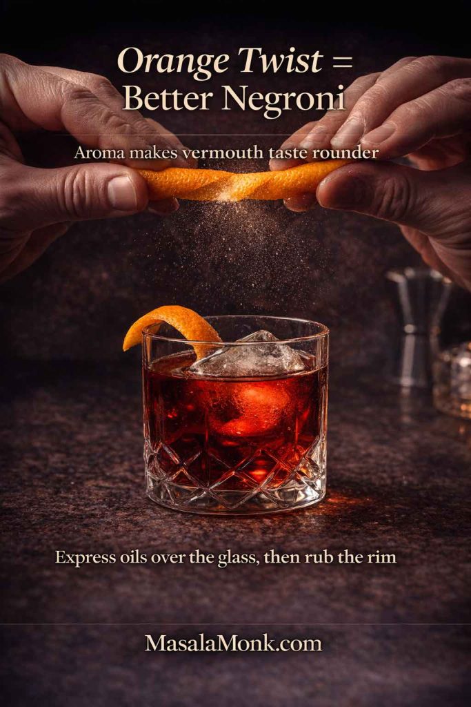 An orange twist is the fastest “vermouth upgrade” in a Negroni: express the oils over the glass and rub the rim—aroma makes the vermouth feel rounder and the bitterness taste smoother.